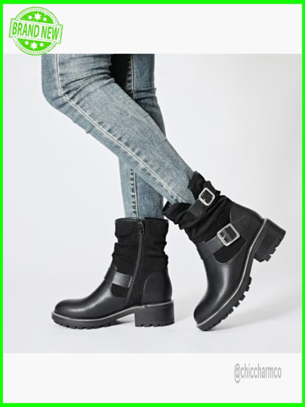 Ankle Boots Women Combat Booties Low Heel Round Toe Side Zip - Picture 2 of 7